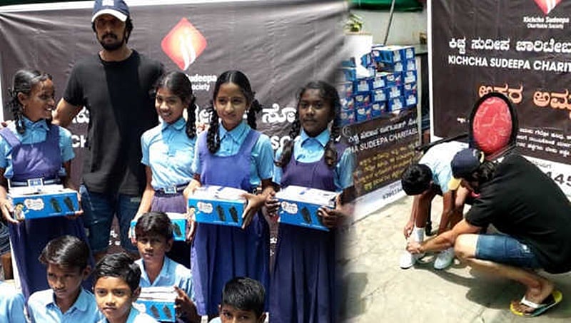 ಸರ್ಕಾರಿ ಶಾಲಾ ಮಕ್ಕಳಿಗೆ ಶೂ ವಿತರಿಸಿ, ಸ್ವತಃ ಶೂ ತೊಡಿಸಿದ ಕಿಚ್ಚ ಸುದೀಪ್: ವಿಡಿಯೋ ವೈರಲ್