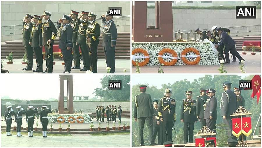 72ನೇ ಸೇನಾ ದಿನಾಚರಣೆ: ಹುತಾತ್ಮ ಯೋಧರಿಗೆ ಭಾರತೀಯ ಸೇನೆಯ ಮೂರೂ ಪಡೆಗಳ ಮುಖ್ಯಸ್ಥರಿಂದ ಗೌರವ ನಮನ