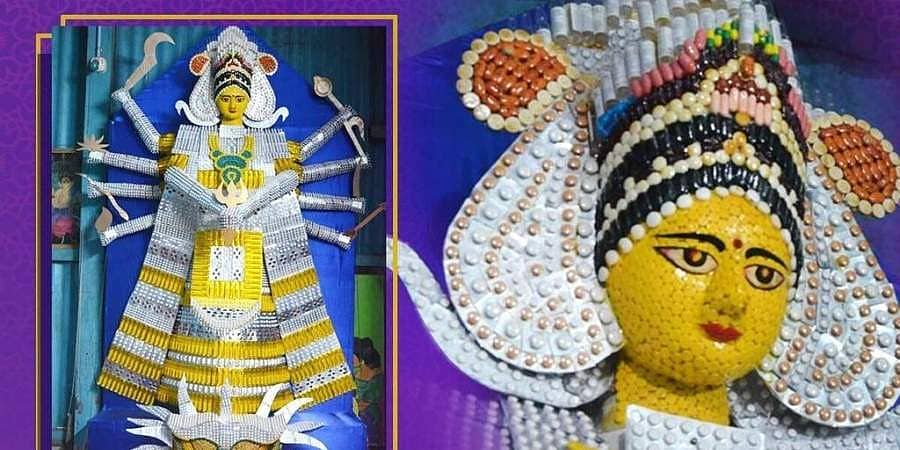 ಕೊರೋನಾ ಪ್ರಭಾವ ಬಿಂಬಿಸಲು ಔಷಧಿಗಳು, ಇಂಜೆಕ್ಷನ್ ಬಾಟಲುಗಳಿಂದ ದುರ್ಗಾಮಾತೆ ವಿಗ್ರಹ ರಚಿಸಿದ ಅಸ್ಸಾಂ ಕಲಾವಿದ