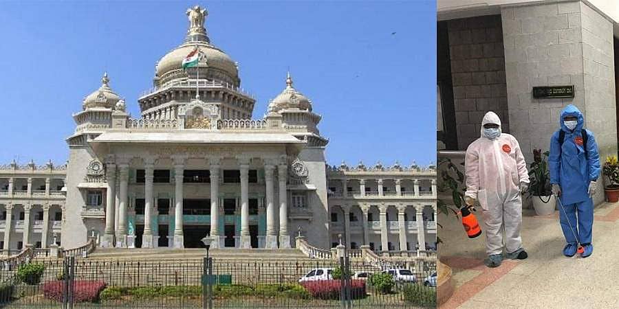 ವಿಧಾನಸೌಧದಲ್ಲಿ ಕೊರೋನಾ ಸೋಂಕು ತಡೆಗೆ ವ್ಯಾಪಕ ಮುನ್ನೆಚ್ಚರಿಕೆ: ವೈರಾಣು ನಿರೋಧಕ ಸಿಂಪಡಣೆ