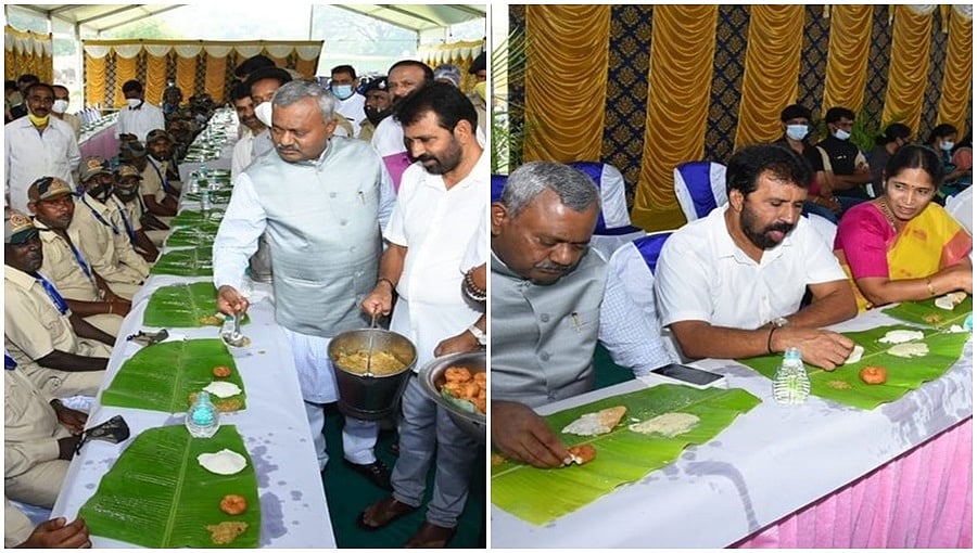 ಮೈಸೂರು ದಸರಾ: ಆನೆಗಳಿಗೆ ಭಾರ ಹೊರುವ ತಾಲೀಮು; ಮಾವುತರು, ಕಾವಾಡಿಗರಿಗೆ ಉಪಾಹಾರ ಕೂಟ;  ಸಚಿವರು, ಶಾಸಕರು ಭಾಗಿ