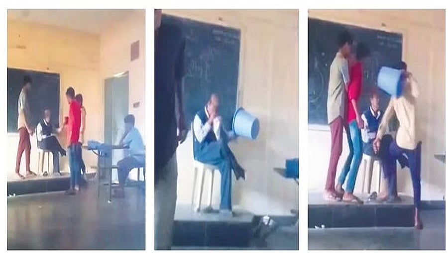 ದಾವಣಗೆರೆಯಲ್ಲಿ ಹಿಂದಿ ಶಿಕ್ಷಕರಿಗೆ ವಿದ್ಯಾರ್ಥಿಗಳಿಂದ ಕುಚೇಷ್ಟೆ: ತಲೆಗೆ ಕಸದ ಬುಟ್ಟಿ ಹಾಕಿ ಪುಂಡತನ