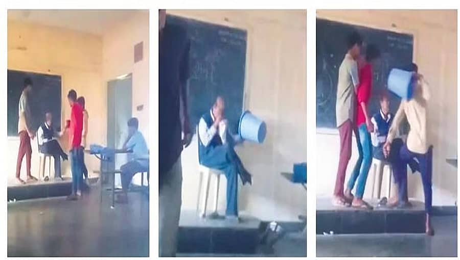 ದಾವಣಗೆರೆಯಲ್ಲಿ ಹಿಂದಿ ಶಿಕ್ಷಕರಿಗೆ ವಿದ್ಯಾರ್ಥಿಗಳಿಂದ ಕುಚೇಷ್ಟೆ: ತಲೆಗೆ ಕಸದ ಬುಟ್ಟಿ ಹಾಕಿ ಪುಂಡತನ