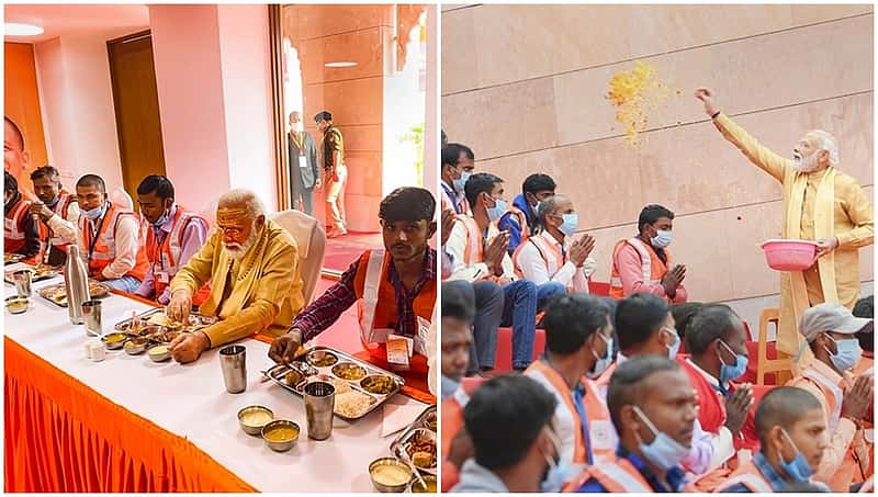 ಕಾರ್ಮಿಕರೊಂದಿಗೆ ಪ್ರಧಾನಿ ಊಟ, ಕಾಶಿ ವಿಶ್ವನಾಥ ಕಾರಿಡಾರ್‌ ನಿರ್ಮಿಸಿದವರಿಗೆ ಮೋದಿ ಪುಷ್ಪಾರ್ಚನೆ