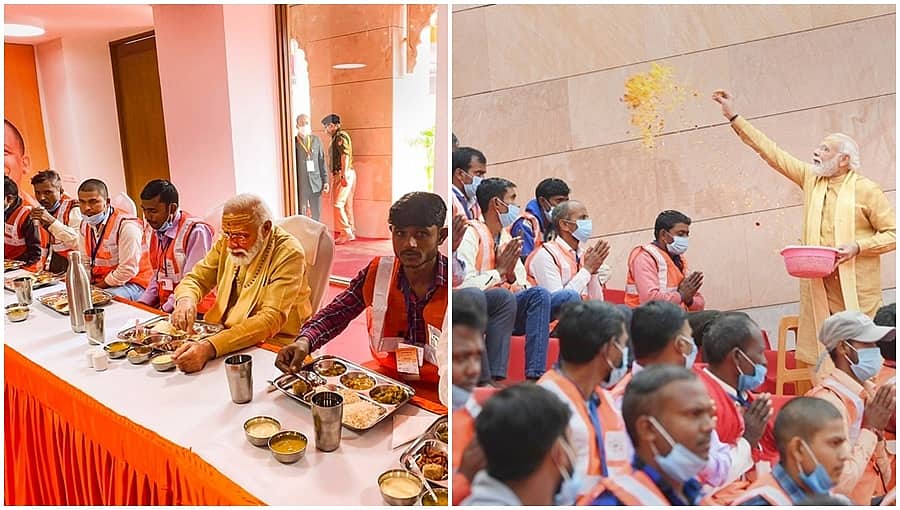 ಕಾರ್ಮಿಕರೊಂದಿಗೆ ಪ್ರಧಾನಿ ಊಟ, ಕಾಶಿ ವಿಶ್ವನಾಥ ಕಾರಿಡಾರ್‌ ನಿರ್ಮಿಸಿದವರಿಗೆ ಮೋದಿ ಪುಷ್ಪಾರ್ಚನೆ