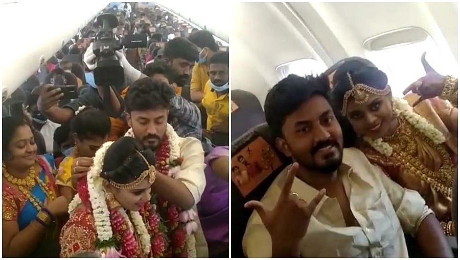 ಆಕಾಶದಲ್ಲಿ ವಿಮಾನದೊಳಗೆ ಭರ್ಜರಿಯಾಗಿ ಮದುವೆಯಾದ ಜೋಡಿ: ಕೋವಿಡ್ ನಿಯಮ ಉಲ್ಲಂಘಿಸಿ ಅಧಿಕಾರಿಗಳ ಕೆಂಗಣ್ಣಿಗೆ ಗುರಿ!