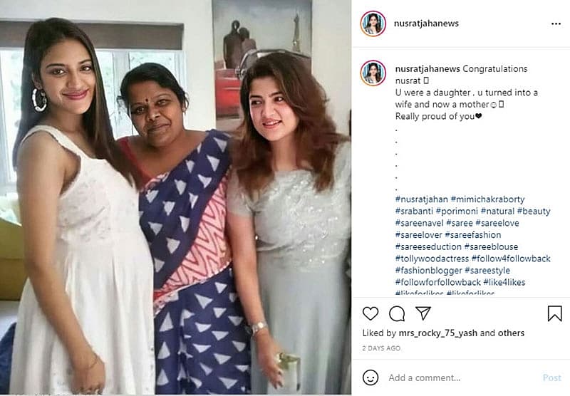 ನುಸ್ರತ್ ಜಹಾನ್ ಮತ್ತು ಬೆಂಗಾಲಿ ನಟಿ ಸ್ರಬಂತಿ ಚಟರ್ಜಿ ಅವರೊಂದಿಗಿನ ಫೋಟೋ ಇದೀಗ ವೈರಲ್ ಆಗಿದೆ. ಫೋಟೋದಲ್ಲಿ ನಸ್ರತ್ ಜಹಾನ್ ಗರ್ಭಿಣಿಯಾಗಿರುವಂತೆ ತೋರುತ್ತಿದೆ. ಆದರೆ ಈ ಬಗ್ಗೆ ನುಸ್ರತ್ ಜಹಾನ್ ಆಗಲೀ ಅಥವಾ ಕುಟುಂಬಸ್ಥರಾಗಲಿ ಯಾವುದೇ ರೀತಿಯ ಅಧಿಕೃತ ಹೇಳಿಕೆ ನೀಡಿಲ್ಲ.