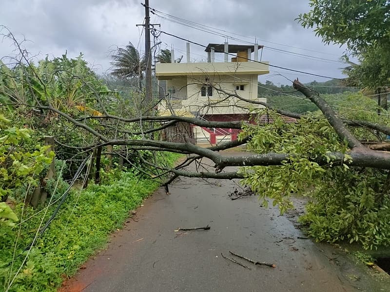 ಮಡಿಕೇರಿಯ ಫೀಲ್ಡ್ ಮಾರ್ಷಲ್ ಕೆ.ಎಂ.ಕರಿಯಪ್ಪ ಕಾಲೇಜು ಬಳಿ ಮರಗಳನ್ನು ಕಿತ್ತುಹಾಕಿದ ನಂತರ ವಿದ್ಯುತ್ ಕಂಬಗಳು ಧರೆಗುರುಳಿವೆ. ಸಿಇಎಸ್ಸಿ ಇಲಾಖೆಯ ಸಿಬ್ಬಂದಿ ಭಾರಿ ಮಳೆಯ ಮಧ್ಯೆ ವಿವಿಧ ವಿದ್ಯುತ್ ಮಾರ್ಗಗಳನ್ನು ಸರಿಪಡಿಸುವ ಕಾರ್ಯದಲ್ಲಿ ತೊಡಗಿದ್ದಾರೆ.