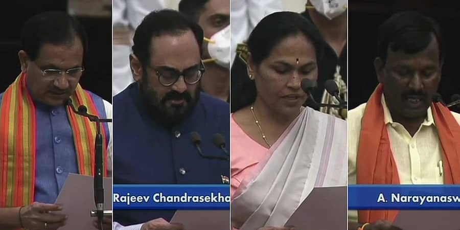 ಕೇಂದ್ರ ಸಂಪುಟ ಪುನರ್ ರಚನೆ: ಚಂದ್ರಶೇಖರ್, ಕರಂದ್ಲಾಜೆ, ನಾರಾಯಣ ಸ್ವಾಮಿ, ಖೂಬಾ ಪ್ರಮಾಣ ವಚನ ಸ್ವೀಕಾರ
