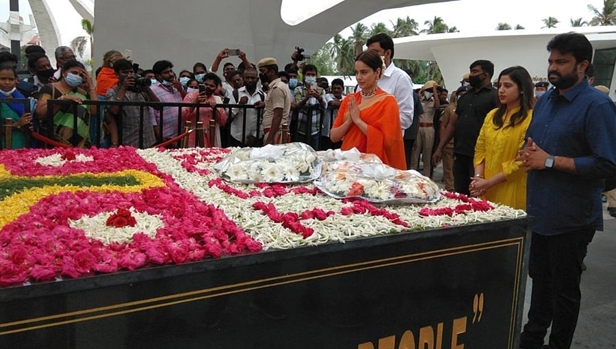 'ತಲೈವಿ' ಪ್ರಚಾರದಲ್ಲಿ ಕಂಗನಾ; ಜಯಲಲಿತಾ ಸ್ಮಾರಕಕ್ಕೆ ಭೇಟಿ
