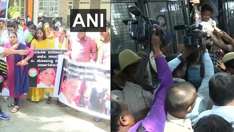 ಮಹಿಳೆಗೆ ಕಪಾಳಮೋಕ್ಷ: ಸಚಿವ ಸೋಮಣ್ಣ ವಿರುದ್ಧ ಪ್ರತಿಭಟನೆಗಿಳಿದ ಕಾಂಗ್ರೆಸ್ ಕಾರ್ಯಕರ್ತರು ಪೊಲೀಸ್ ವಶಕ್ಕೆ