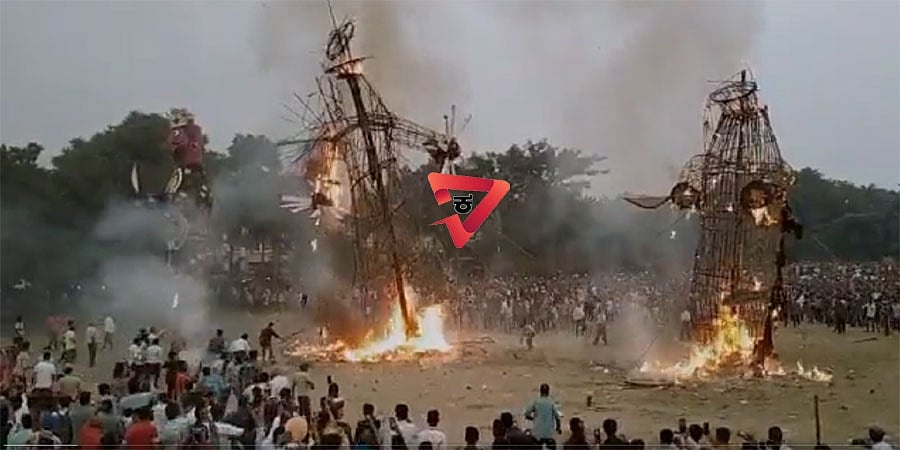 ವಿಜಯದಶಮಿ: ರಾವಣ ದಹನ ವೇಳೆ ಕೂದಲೆಳೆ ಅಂತರದಲ್ಲಿ ತಪ್ಪಿದ ಭಾರಿ ಅವಘಡ