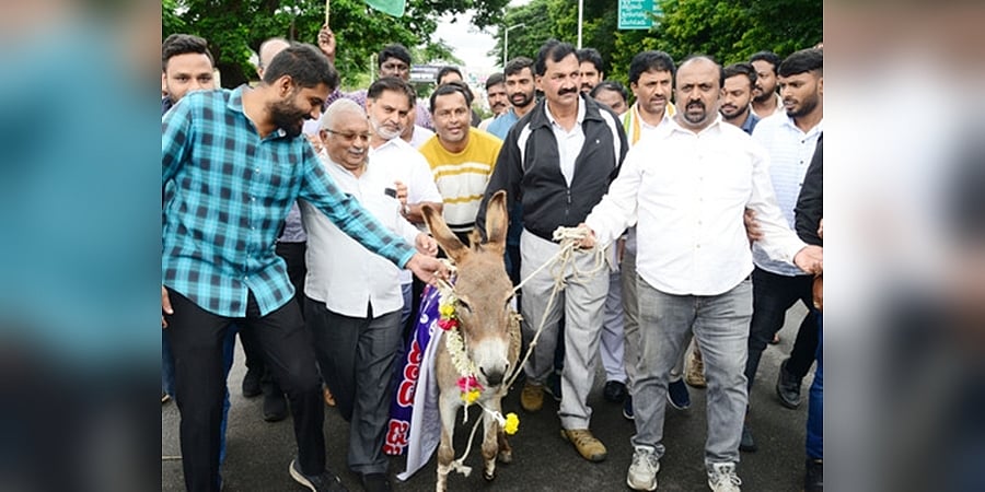 ಸಂಸದ ಪ್ರತಾಪ್ ಸಿಂಹ ಕಚೇರಿಯತ್ತ ಕತ್ತೆ- ಹಂದಿಗಳ ಜೊತೆ ಮೆರವಣಿಗೆ ಹೊರಟ ಕಾಂಗ್ರೆಸ್ ಮುಖಂಡರಿಗೆ ಪೊಲೀಸರ ತಡೆ!