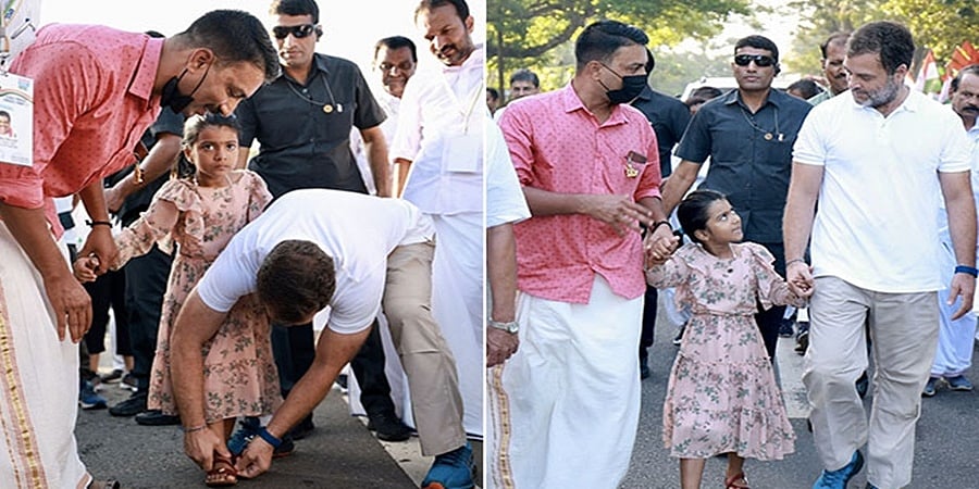 ಭಾರತ್ ಜೋಡೋ ಯಾತ್ರೆ: ಬಾಲಕಿ ಚಪ್ಪಲಿ ಧರಿಸಲು ನೆರವಾದ ರಾಹುಲ್ ಗಾಂಧಿ- ವಿಡಿಯೋ