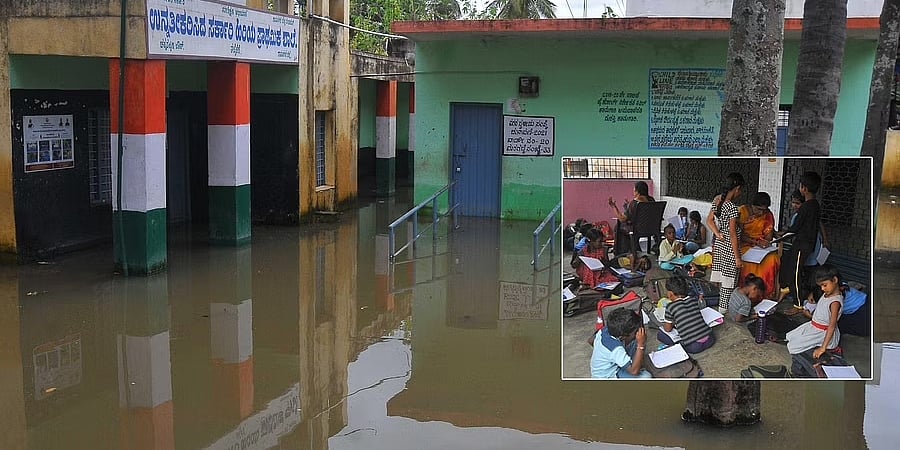 ಚನ್ನಪಟ್ಟಣ: ಭಾರಿ ಮಳೆ, ಪ್ರವಾಹಕ್ಕೆ ಮುಳುಗಿದ ಶಾಲೆ; ದೇವಸ್ಥಾನದಲ್ಲಿ ಅಕ್ಷಾರಾಭ್ಯಾಸ ಮಾಡುತ್ತಿರುವ ವಿದ್ಯಾರ್ಥಿಗಳು!