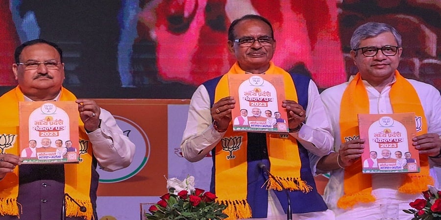 ಮಧ್ಯಪ್ರದೇಶ ಚುನಾವಣೆ: ಬಿಜೆಪಿ ಪ್ರಣಾಳಿಕೆ ಬಿಡುಗಡೆ, 450 ರೂ.ಗೆ ಎಲ್ ಪಿಜಿ ಸಿಲಿಂಡರ್ ಸೇರಿ ಹಲವು ಭರವಸೆ
