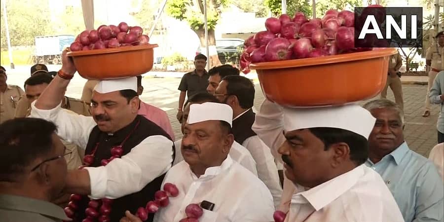ಮಹಾರಾಷ್ಟ್ರ: ತಲೆ ಮೇಲೆ ಈರುಳ್ಳಿ ಹೊತ್ತು ವಿಧಾನಸಭೆಗೆ ಆಗಮಿಸಿದ ಎನ್ ಸಿಪಿ ಶಾಸಕರು!