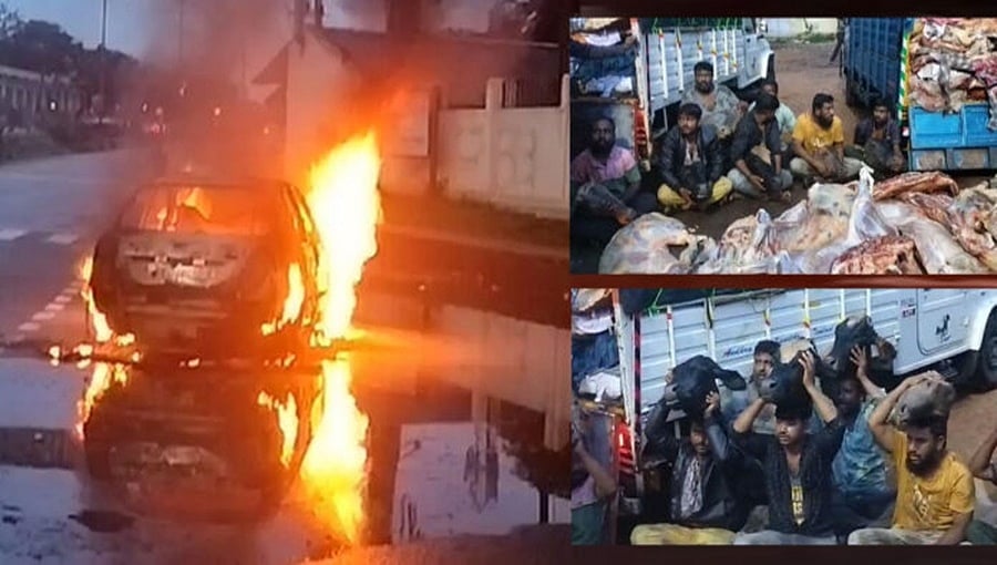 ದೇವನಹಳ್ಳಿ: ಗೋಮಾಂಸ ಸಾಗಾಟ ತಡೆದು ಕಾರಿಗೆ ಬೆಂಕಿ; ಶ್ರೀರಾಮಸೇನೆ ಕಾರ್ಯಕರ್ತರು ಪೊಲೀಸರ ವಶಕ್ಕೆ, ಬಿಗಿ ಬಂದೋಬಸ್ತ್