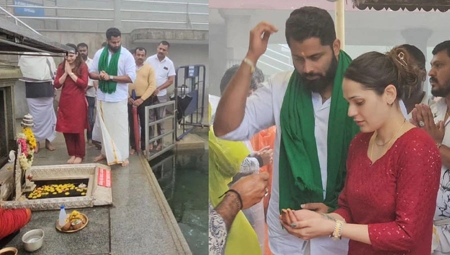 ತಲಕಾವೇರಿಯಲ್ಲಿ ವಿಶೇಷ ಪೂಜೆ ಸಲ್ಲಿಸಿದ ಅಭಿಷೇಕ್ ಅಂಬರೀಷ್ ದಂಪತಿ