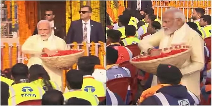 ಮಂದಿರ ನಿರ್ಮಾಣ ಕಾರ್ಮಿಕರನ್ನು ಭೇಟಿಯಾಗಿ ಪುಷ್ಪವೃಷ್ಠಿ ಮಾಡಿದ ಪ್ರಧಾನಿ ಮೋದಿ! 