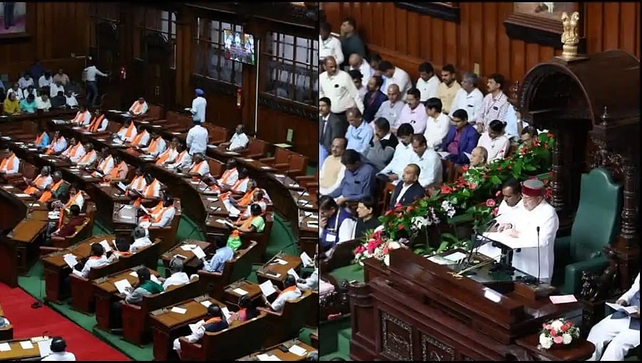 ವಿಧಾನಮಂಡಲ ಅಧಿವೇಶನ: ಸದನದಲ್ಲಿ ಕೇಸರಿ ಶಾಲು ಧರಿಸಿ ಜೈ ಶ್ರೀರಾಮ್ ಘೋಷಣೆ ಕೂಗಿದ ಬಿಜೆಪಿ, ಜೈ ಭೀಮ್ ಎಂದ ಕಾಂಗ್ರೆಸ್ ನಾಯಕರು